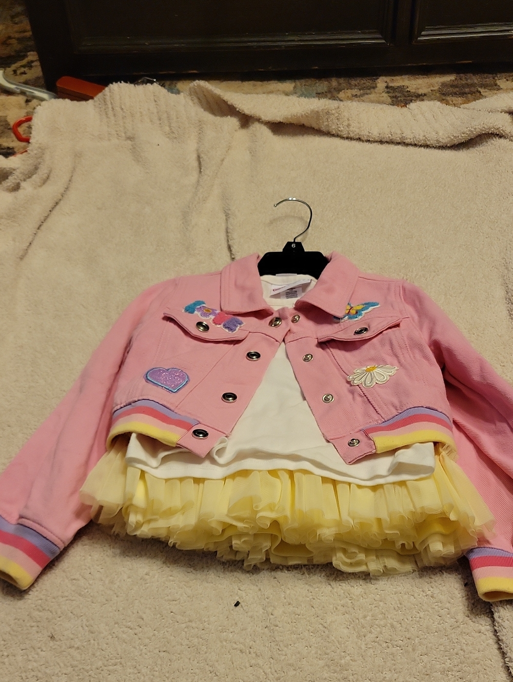 Girls' Pink Embroidered Jean Jacket with Yellow Tulle Skirt